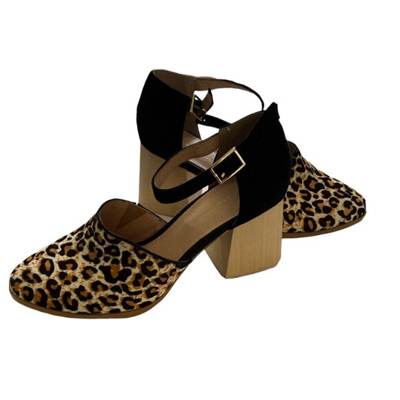 Anthropologie Calf Hair Leopard And Black Ankle Strap 3” Block Heels Size 7.5 - Picture 1 of 6